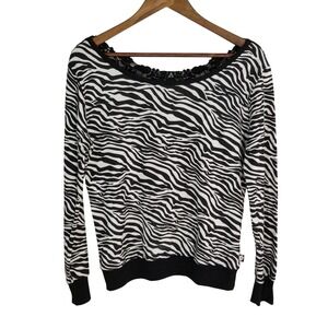 LA Kitty Zebra Print Long Sleeve‎ Black White Lace Back Scoop Neck Mob Wife Y2K
